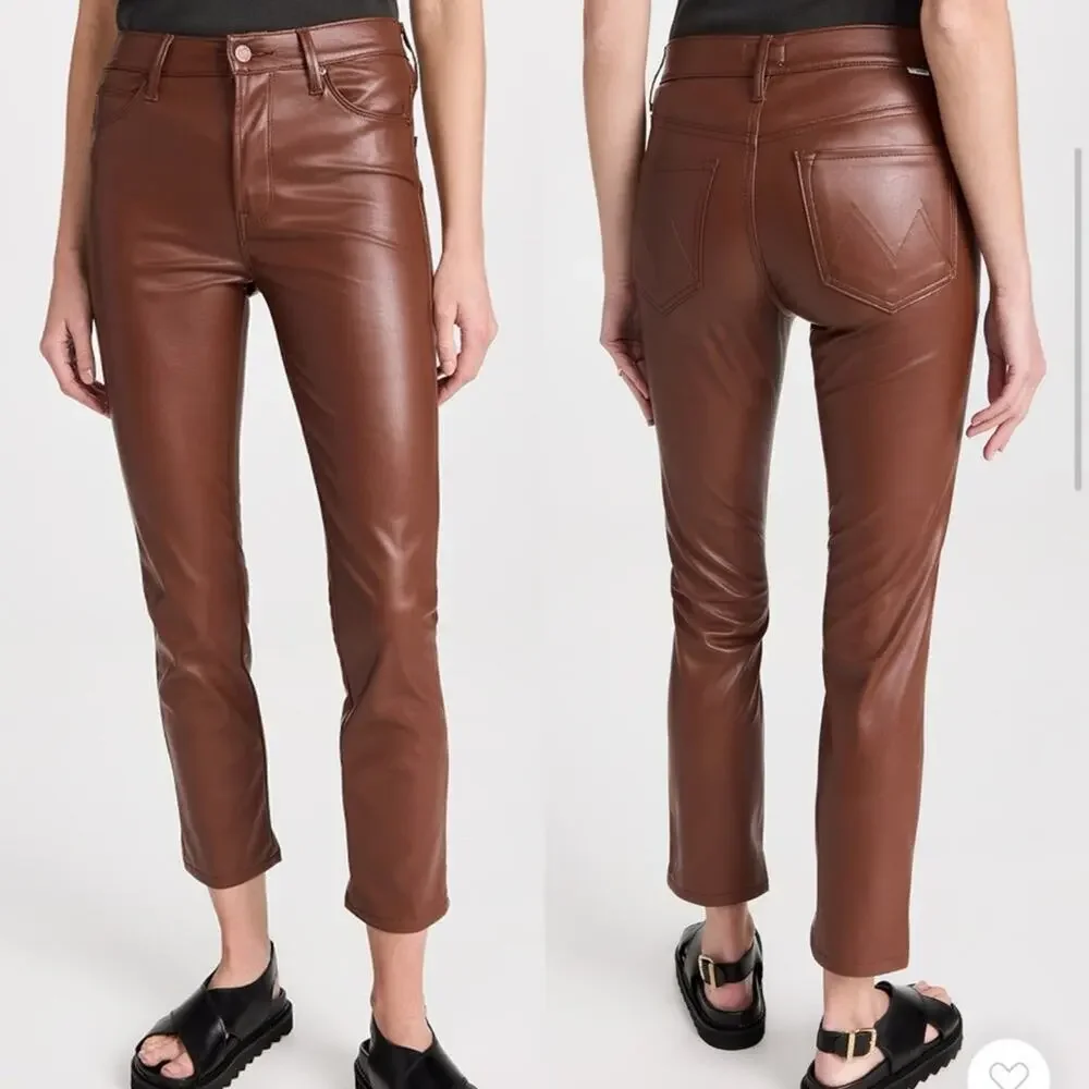 Mother Mid Rise Dazzler Jeans Faux Leather in Friar Brown size 29
